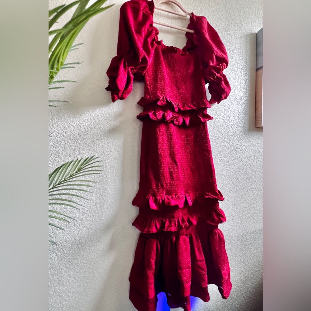 Rachel Parcell Jacquard Smocked Red Midi Dress Size Small New